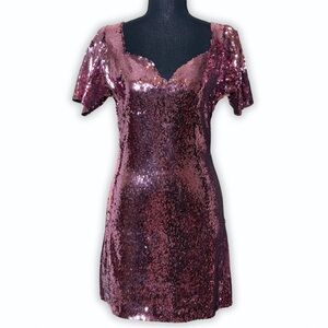 Zara Pink Sequin Sweetheart Neckline Short‎ Sleeve Mini Dress Size L